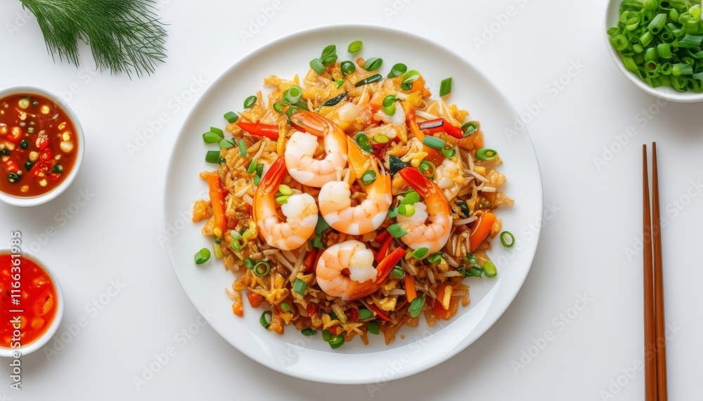 Shrimp Fried Rice with Colorful Vegetables on White Plate from Top View Shrimp Fried Rice with Colorful Vegetables on White Plate from Top View