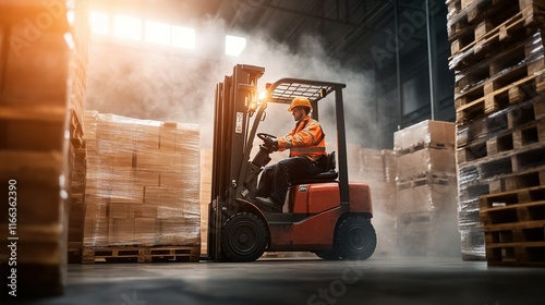 Forklift operator transporting materials, equipped with safety gear, showcasing efficiency in a warehouse environment