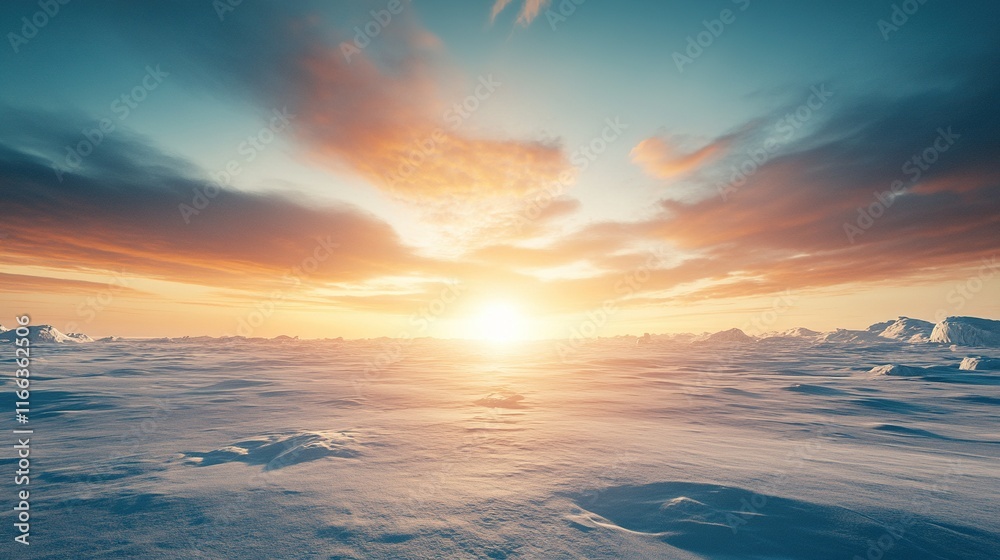 Obraz premium Caribou Migration Across the Frozen Tundra, Majestic Ice Formations, Enchanting Light Illuminating the Arctic Landscape