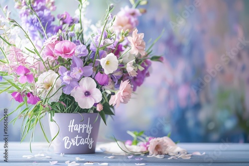 Happy birthday card with a lovely arrangement of flowers as the backdrop