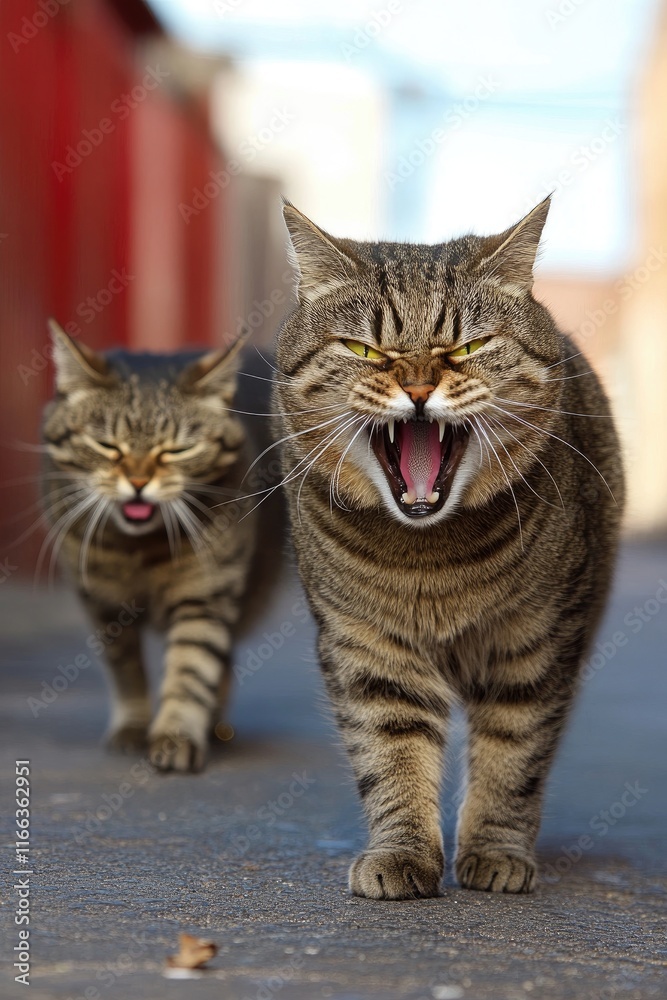 Two tabby cats walking down an alley, one growling fiercely. Two tabby cats walking down an alley, one growling fiercely.