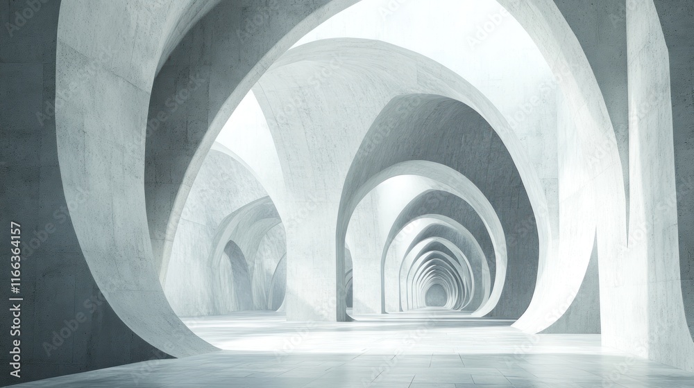 Fototapeta premium A serene, modern architectural space with curved concrete structures and soft lighting.