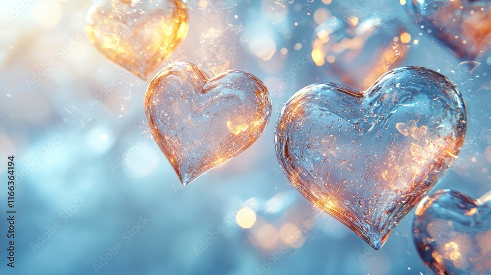 Floating translucent hearts with glowing effects. Floating translucent hearts with glowing effects.