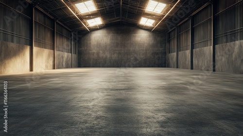 Spacious industrial warehouse filled with daylight, expansive skylights enhancing the open atmosphere and functional design photo