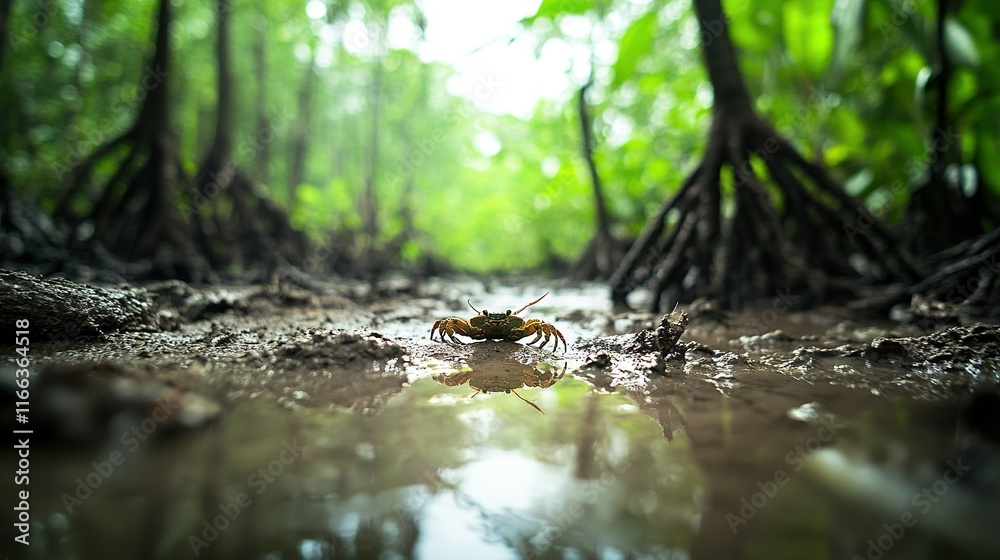 Fototapeta premium Mangrove Haven, vibrant ecosystem, crabs navigating mudflats, rich biodiversity, serene coastal landscape, lush greenery, dynamic habitat