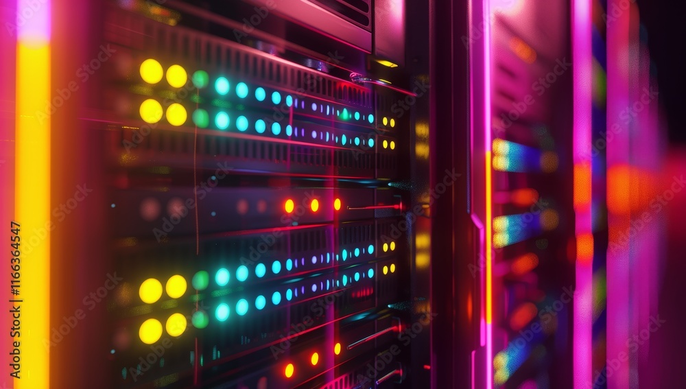 Vibrant server rack with illuminated lights. Vibrant server rack with illuminated lights.