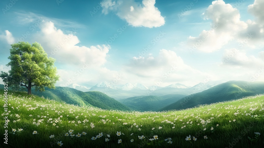 Fototapeta premium Vibrant meadow alive with wildflowers, playful rabbits, and serene rolling hills in the background, a perfect pastoral scene.