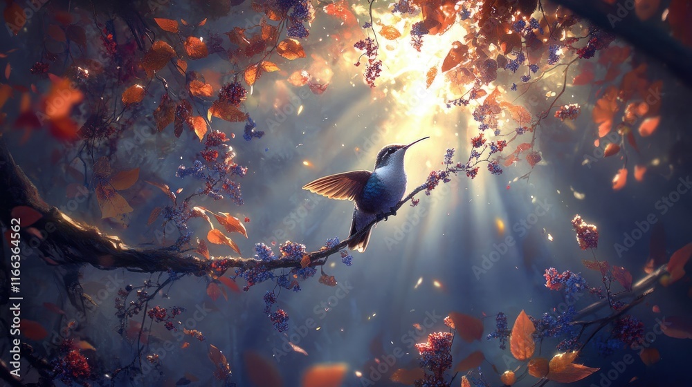 Fototapeta premium A hummingbird perched on a branch amidst vibrant foliage and soft sunlight.