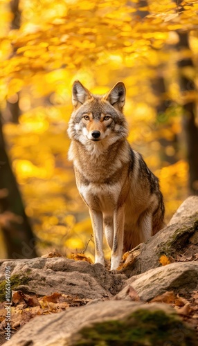A coyote standing on rocks amidst a vibrant autumn forest backdrop.