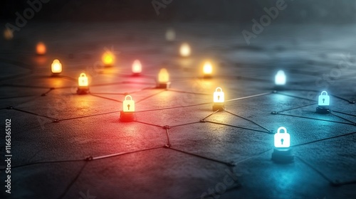 Obraz na płótnie Vibrant network security grid, glowing nodes interconnected with lock symbols, showcasing digital protection and connectivity w salonie