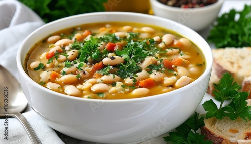 Delicious Fasolada with Fresh Herbs in Bowl on Table with Ingredients and Bread Slices photo