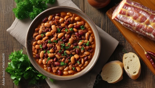 Hearty Stir-Fried Bean Dish with Fresh Ingredients and Rustic Presentation photo