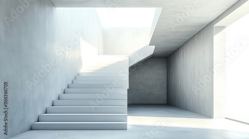 Modern minimalist concrete interior with white staircase and sunlight.