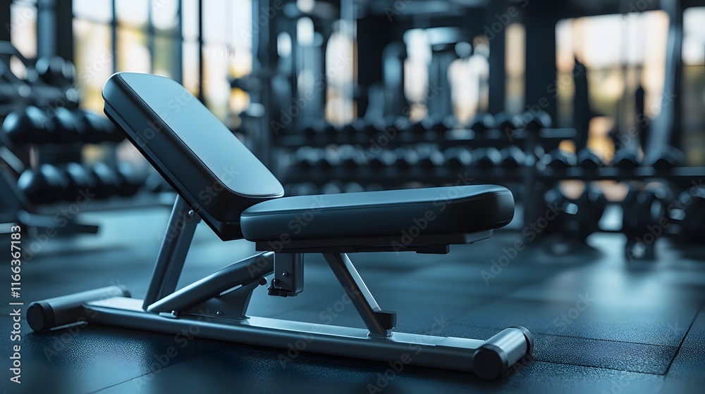Fototapeta premium A modern, adjustable weight bench sits in a well-equipped gym. Rows of dumbbells blur in the background, suggesting a space for strength training and fitness.