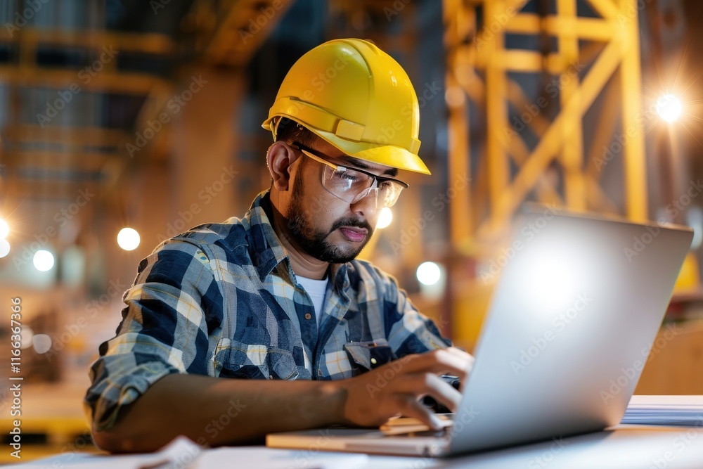 A construction worker in a yellow hard hat uses a laptop on a job site, focused on his task amid a well-lit industrial environment. A construction worker in a yellow hard hat uses a laptop on a job site, focused on his task amid a well-lit industrial environment.