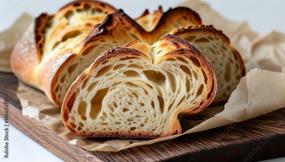 Fototapeta premium Freshly Baked Herbed Fougasse Bread with Golden Crust and Soft Interior on Wooden Board