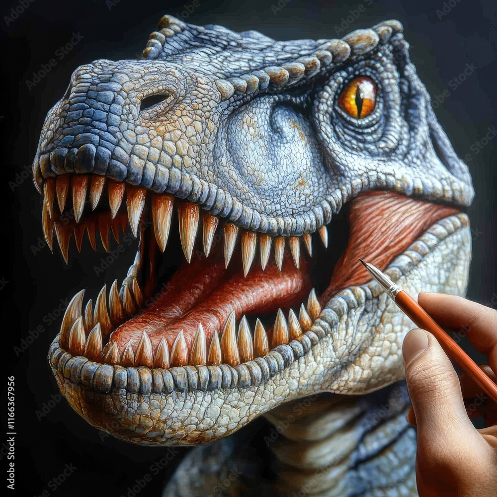Obraz premium A detailed sculpture of a dinosaur head being painted, showcasing artistic skill and creativity.