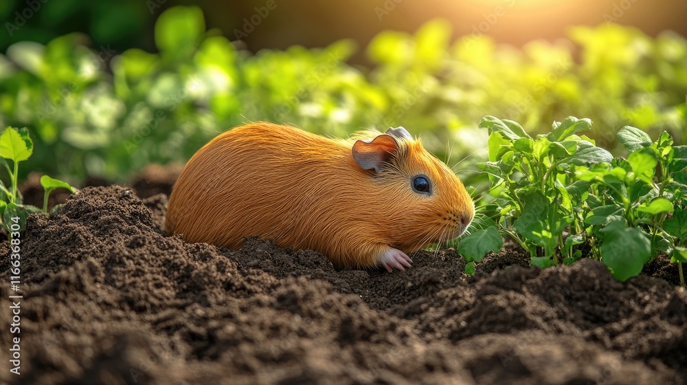 A cute orange guinea pig exploring a garden filled with green plants and soil. A cute orange guinea pig exploring a garden filled with green plants and soil.
