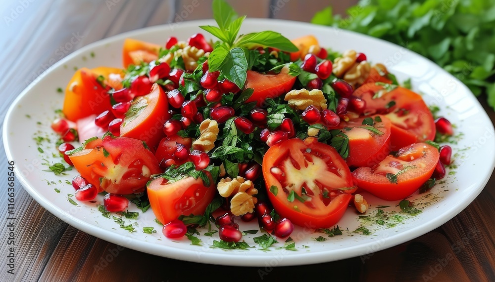 Fresh Chopped Salad with Tomatoes, Pomegranate Seeds, and Green Herbs on Plate Fresh Chopped Salad with Tomatoes, Pomegranate Seeds, and Green Herbs on Plate