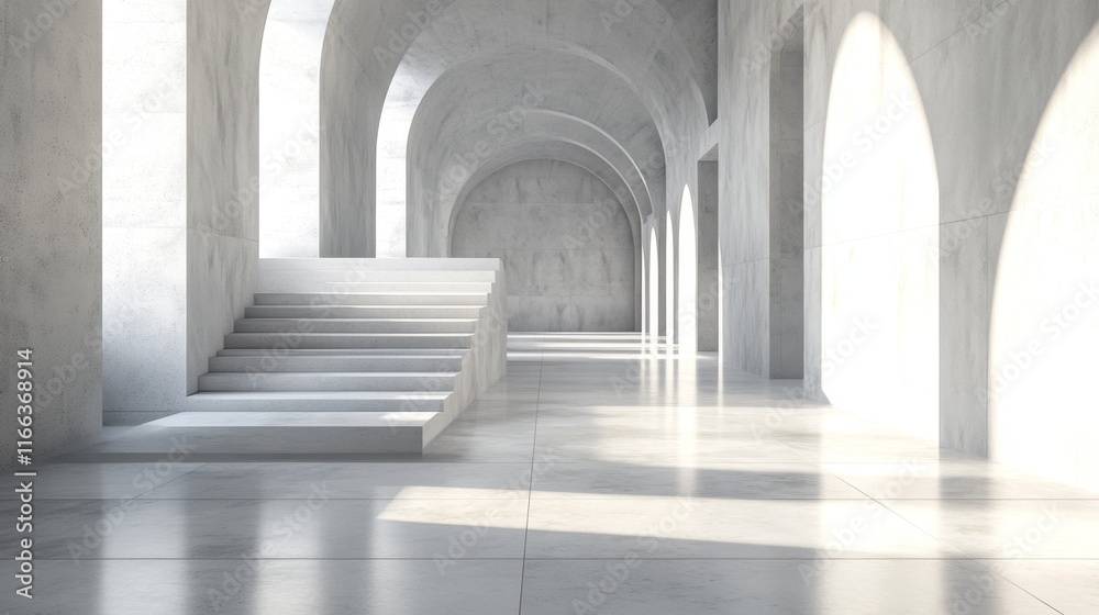 Sunlit minimalist concrete hallway with stairs. Sunlit minimalist concrete hallway with stairs.