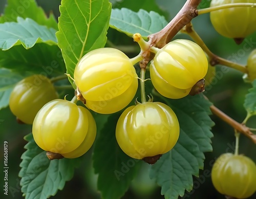 Star gooseberry fruit. Phyllanthus acidus, known as the Otaheite gooseberry , star , damsel, grosella , karamay. Close-up of a cluster of vibrant yellow-green berries on a tree branch. photo