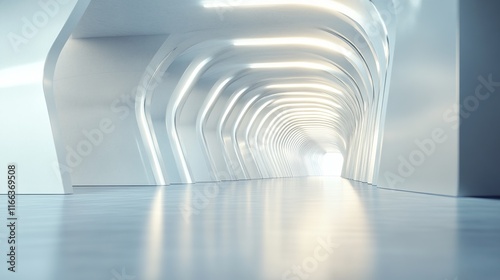 Fototapeta Naklejka Na Ścianę i Meble -  Futuristic white corridor with glowing lights and reflective floor.