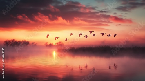 Flamingos in Flight at Dawn Over Serene Wetlands, vibrant colors reflecting on tranquil waters, a moment of nature's beauty