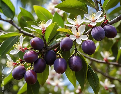 Dark Purple Plums Cluster on a Sunny Orchard Branch. The scientific name of the plant is Syzgium cumini. Bunch of organic Java plum fruits photo