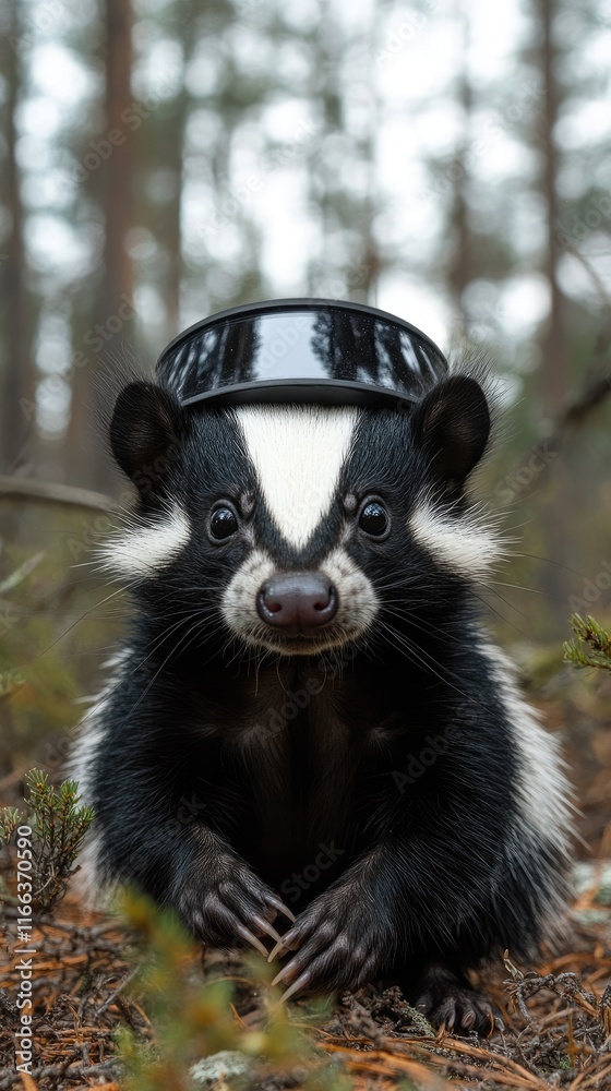 A badger wearing a shiny black hat in a forest setting. A badger wearing a shiny black hat in a forest setting.