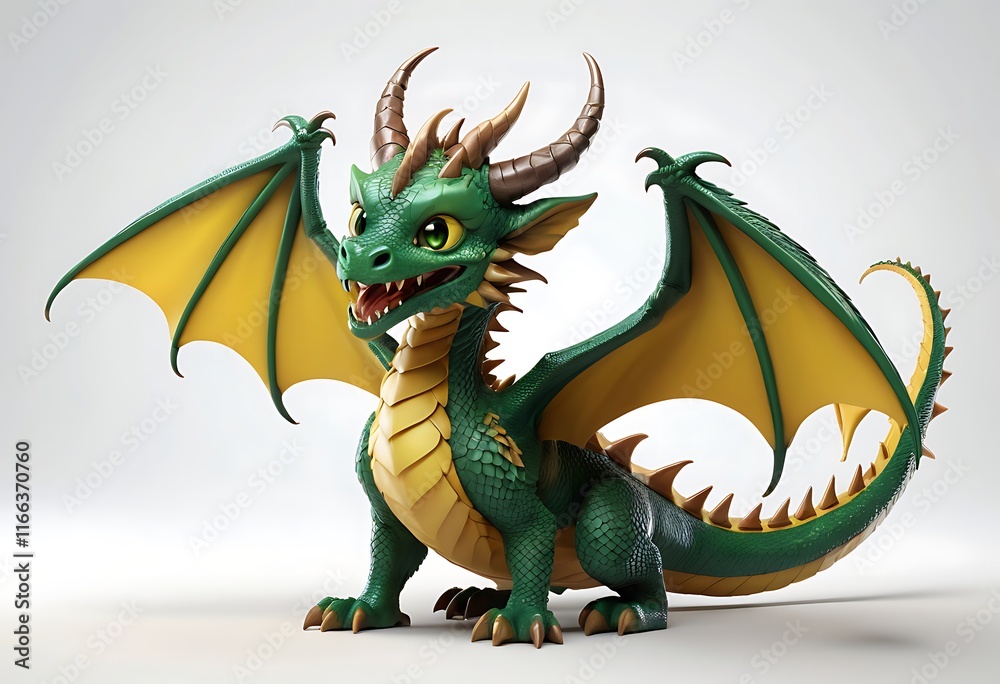 Fototapeta premium Cute Cartoon Dragon in Green and Gold with White Background. Generative AI