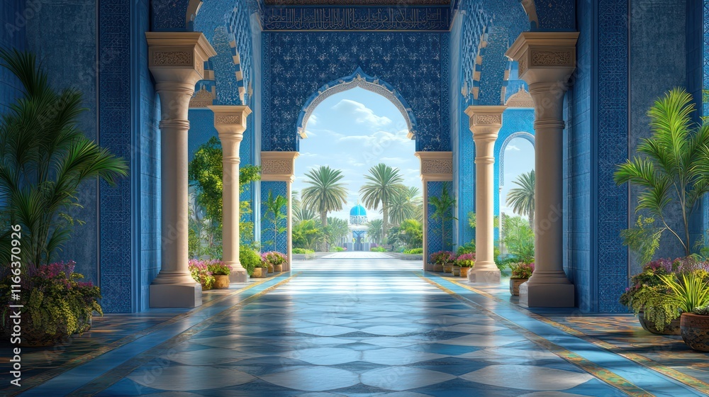 Fototapeta premium Serene Blue Palace Corridor: A Vision of Tranquility