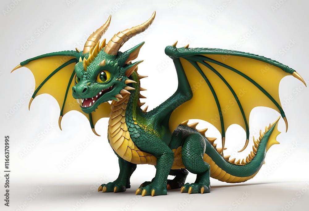 Fototapeta premium Cute Cartoon Dragon in Green and Gold with White Background. Generative AI