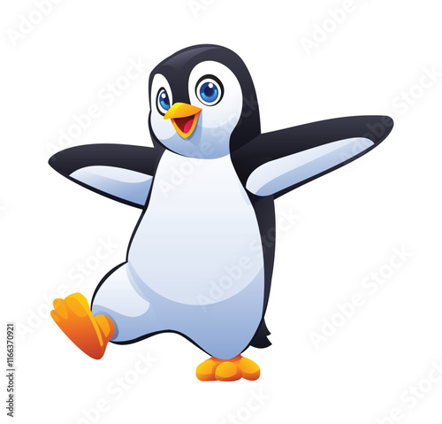 Cheerful penguin dancing joyfully with arms wide open. Vector cartoon character illustration