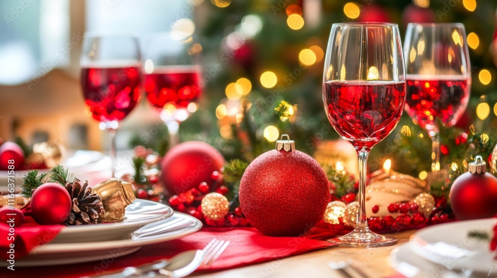 Festive Christmas Table Setting with Red Wine Glasses and Decorative Ornaments on a Beautifully Decorated Holiday Background Festive Christmas Table Setting with Red Wine Glasses and Decorative Ornaments on a Beautifully Decorated Holiday Background
