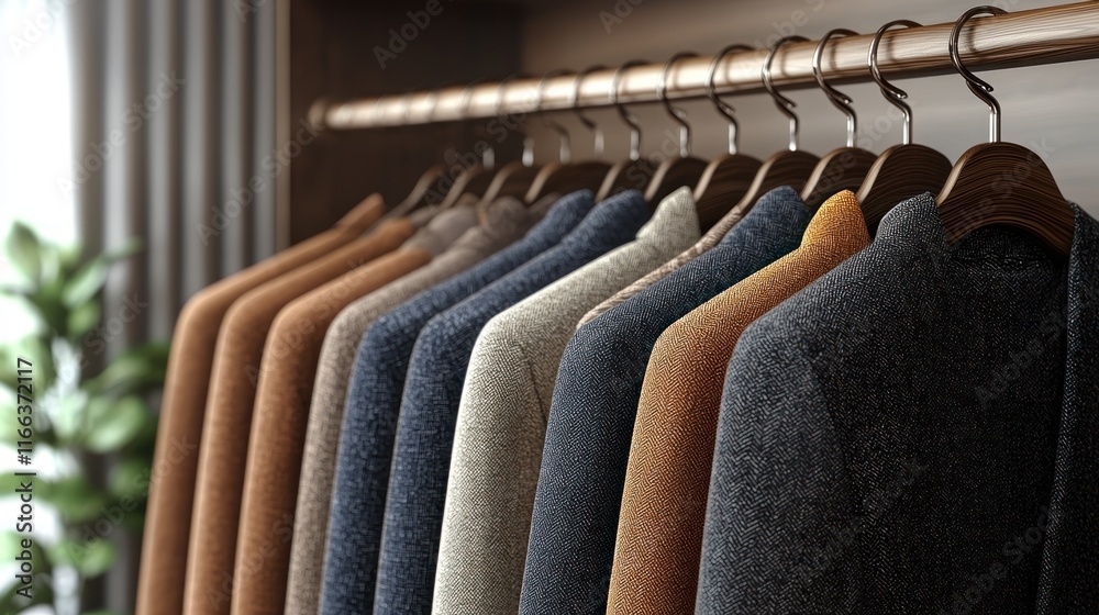 Obraz premium A display of neatly arranged sweaters on hangers.