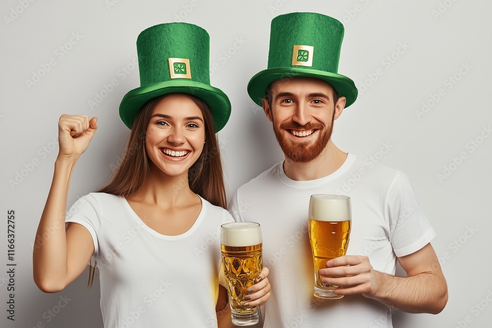 Beautiful young couple in leprechaun hats with glasses of beer on grey background. St. Patrick's Day celebration Beautiful young couple in leprechaun hats with glasses of beer on grey background. St. Patrick's Day celebration