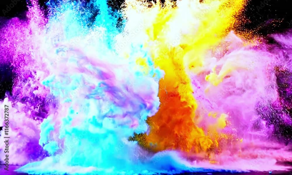 Dynamic explosion of colorful powders in blue, yellow, purple, and pink hues against a dark background, showcasing vibrant energy, creative motion, bold visuals, and artistic expression in dramatic de Dynamic explosion of colorful powders in blue, yellow, purple, and pink hues against a dark background, showcasing vibrant energy, creative motion, bold visuals, and artistic expression in dramatic de