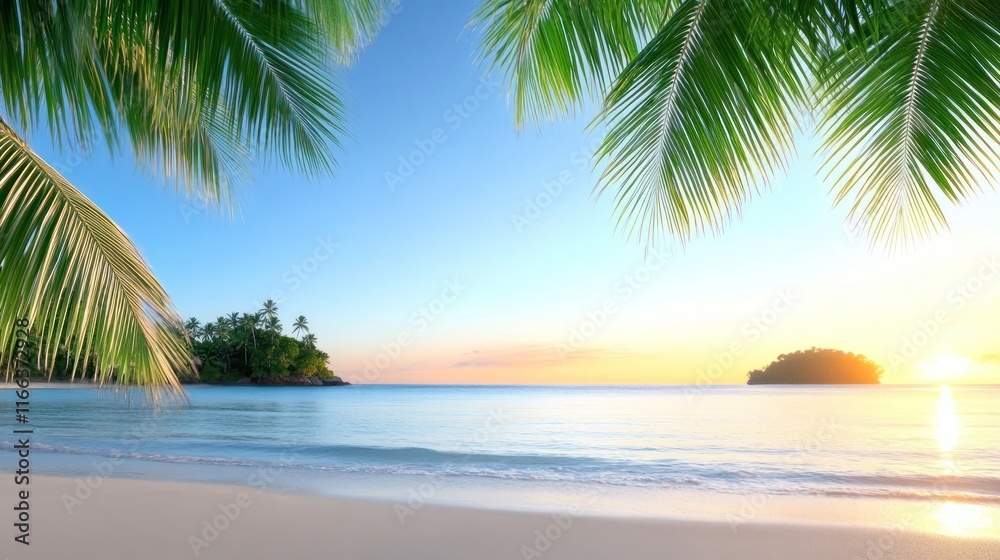 Serene beach scene with palm trees and a tranquil ocean view. Serene beach scene with palm trees and a tranquil ocean view.