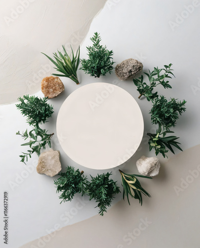 Flowers and plants form a wreath around a blank center. photo