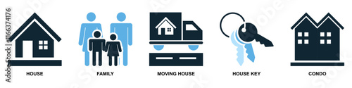 Real estate property, house residential building architecture. Containing house moving, family people and key vector glyphs pictogram sign icon symbol ui and ux design