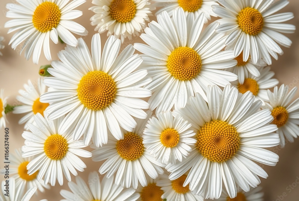 Fototapeta premium Vibrant White Daisies with Yellow Centers on Soft Beige Background
