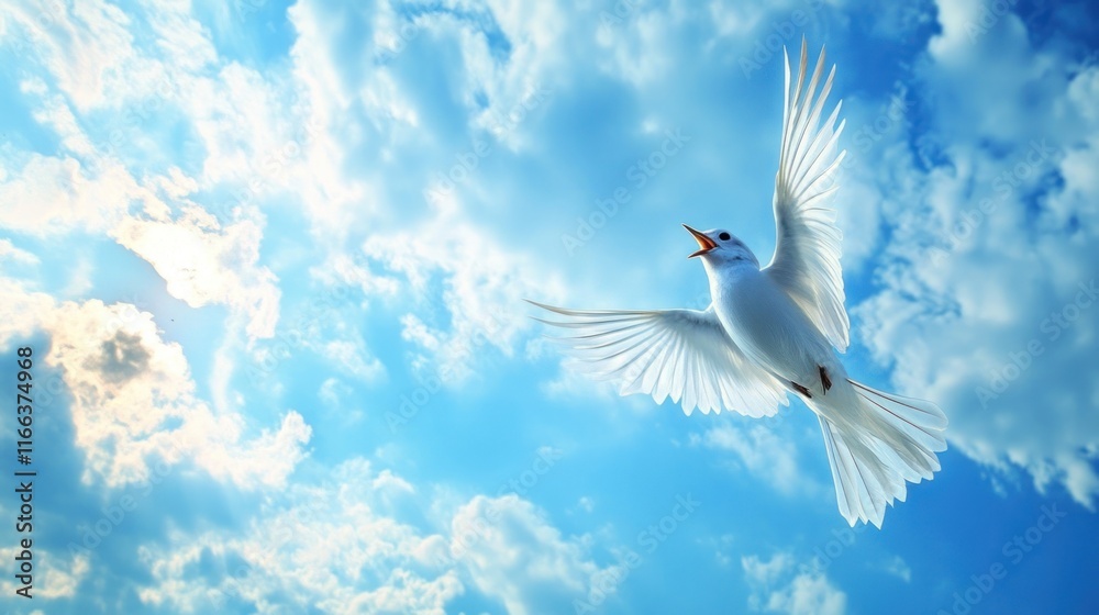 Fototapeta premium A soaring white bird against a bright blue sky with fluffy clouds.