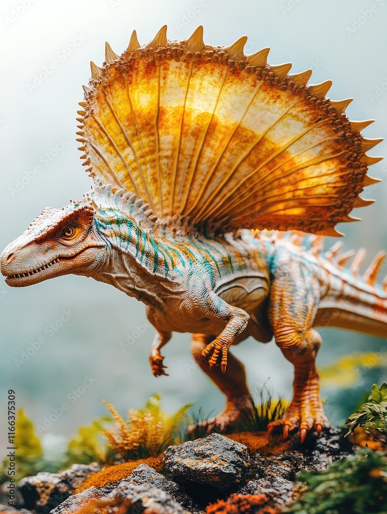A colorful dinosaur figurine with a large sail, set against a misty natural backdrop. A colorful dinosaur figurine with a large sail, set against a misty natural backdrop.