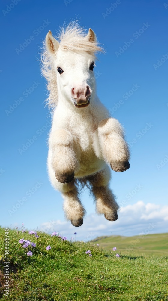 Fototapeta premium A playful white pony leaps joyfully against a clear blue sky, showcasing its vibrant energy.