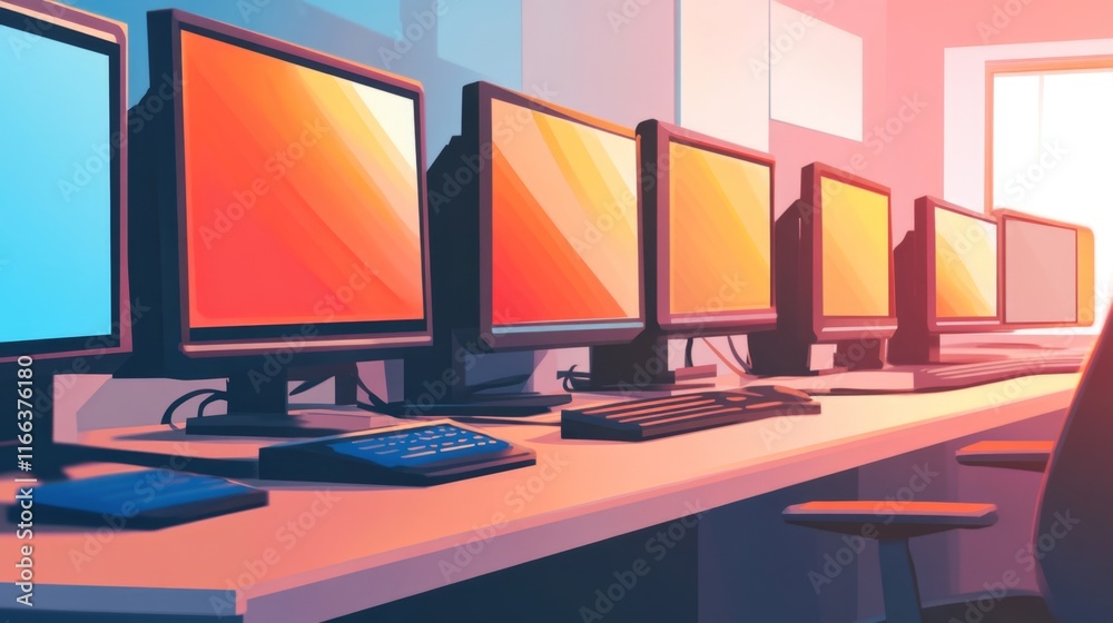Naklejka premium A row of computer monitors on an office desk