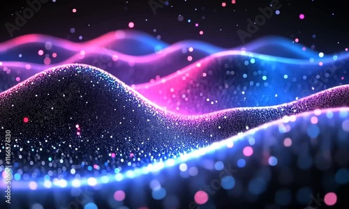 Abstract waves of vibrant colors with sparkling particles creating a dynamic visual effect.