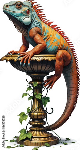 Vector image of a large iguana with a bright body and various colors sitting on a garden lamp.