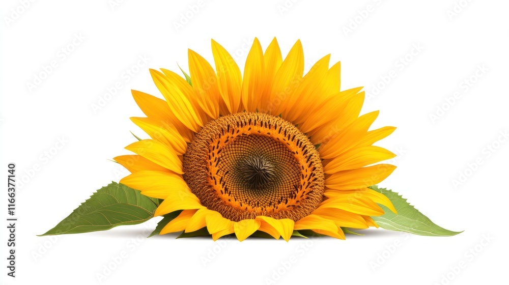 Obraz premium A vibrant sunflower with green leaves, symbolizing nature's beauty.