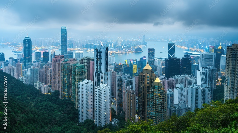 A panoramic view of Hong Kong's skyline at dusk, showcasing urban architecture and lighting. A panoramic view of Hong Kong's skyline at dusk, showcasing urban architecture and lighting.