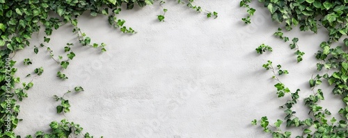 A white concrete background with delicate green ivy creeping in the corners, adding a touch of nature to the minimalist setting.
